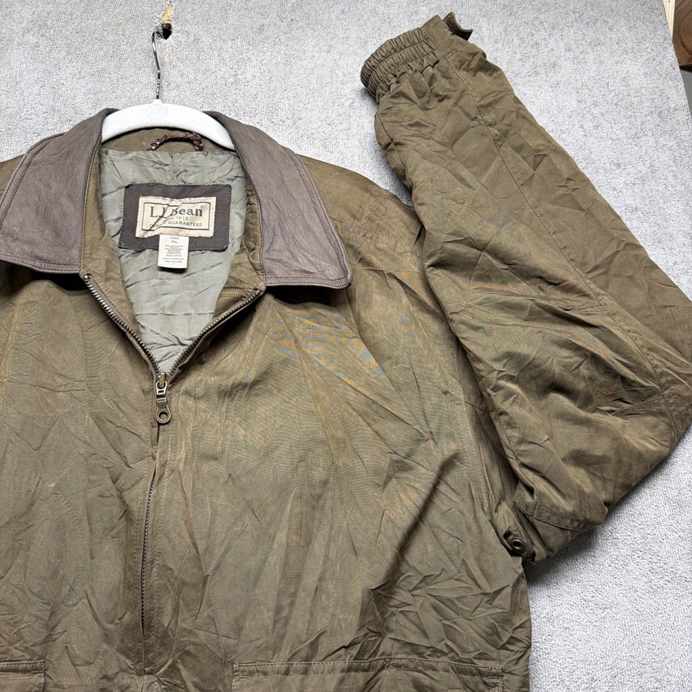 LL Bean Utility Field Jacket Mens Large Tall Brown Leather Collar Vintage 90s‎
